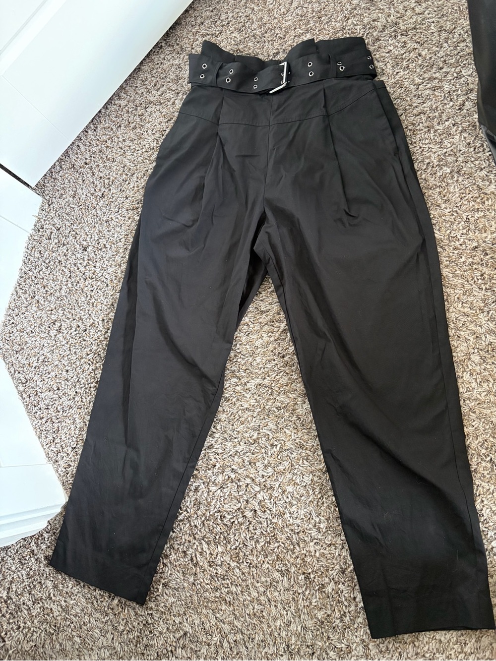 AllSaints Black High-Waist Trousers with Grommet Belt